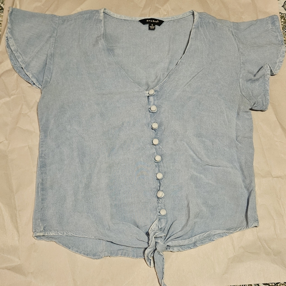 Sim & Sam Light Blue Tie-Front Crop Shirt